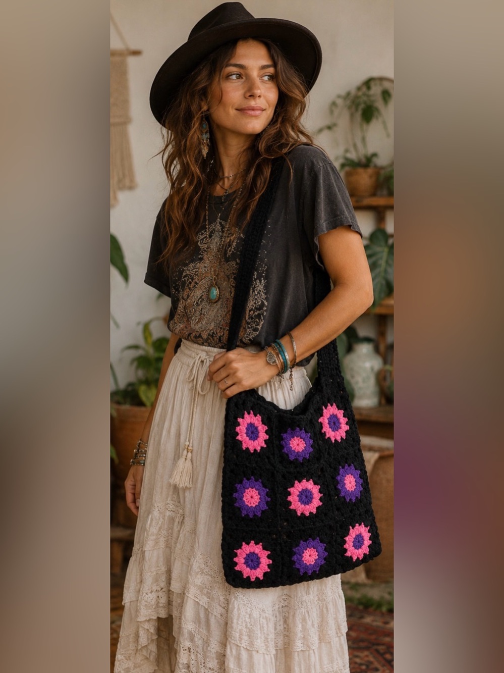 Crochet Granny Square Floral Crossbody Bag Boho Hippie Festival
